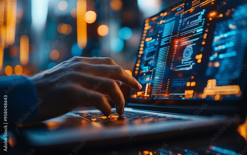 Poster Detailed image of customer service and technical support, including a software engineer with a laptop, global internet technology, and digital system services