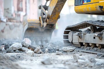 Close-up view of an excavatorÕs bucket and tracks in action on a construction site, crushing rocks and debris.