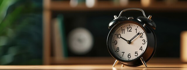  A clock alarm sits atop a wooden table, accompanied by a bookshelf and a potted plant