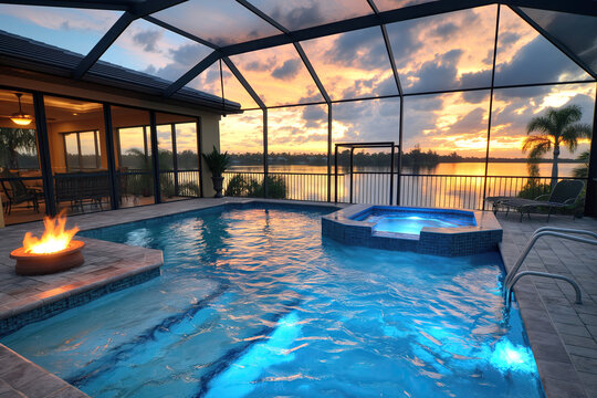 Luxury pool area with fire pit, jacuzzi, and screened enclosure overlooking a serene lake at sunset, creating a relaxing and inviting atmosphere...