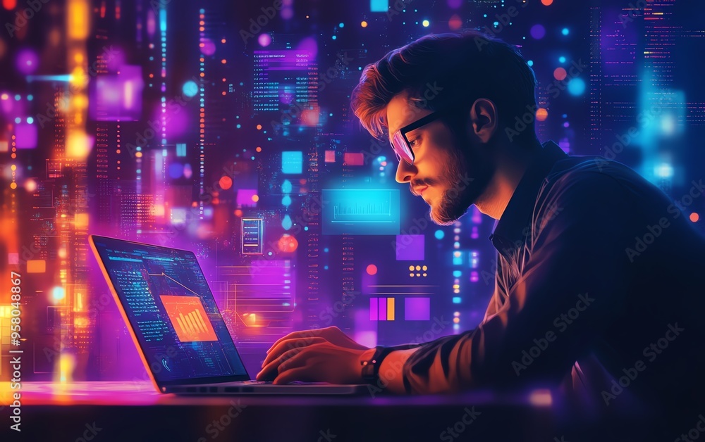 Poster Detailed image of customer service and technical support, including a software engineer with a laptop, global internet technology, and digital system services