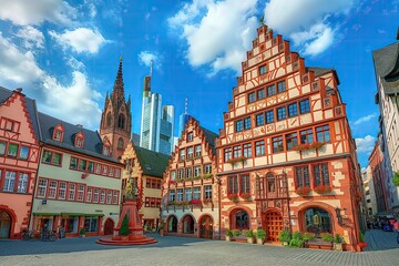 Fototapeta premium Historic square in Frankfurt, Germany, with ornate half-timbered buildings, a central fountain, and the backdrop of modern skyscrapers under a bright sky...