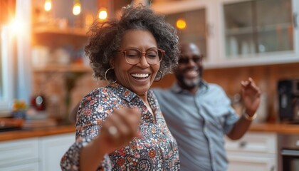Happy senior african american couple dancing together in kitchen