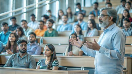 An Indian professor giving a lecture to university students in a large lecture hall, emphasizing higher education