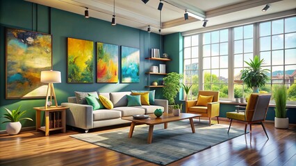 Fototapeta premium A room awakens with vibrant walls and stylish furniture, bathed in natural light that dances through windows, radiating