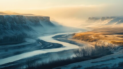 A tranquil winter morning in the Qilian Mountains, with rivers winding through a misty landscape, softly illuminated by the first rays of sunlight