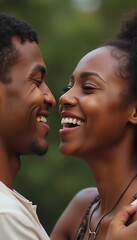 Fototapeta premium Laughter Together, a close-up of the interracial couple caught in a moment of shared laughter