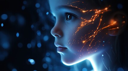 Young child's face lit by glowing orange and blue patterns
