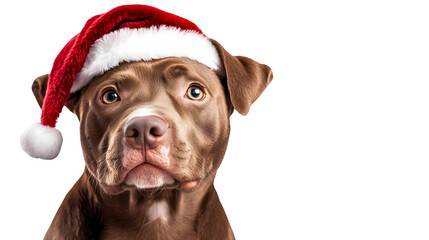 cute christmas pitbull dog wearing santa hat; sitting xmas doggy's head; isolated on white background