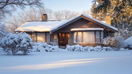 Wooden cottage nestled in a snowy winter forest