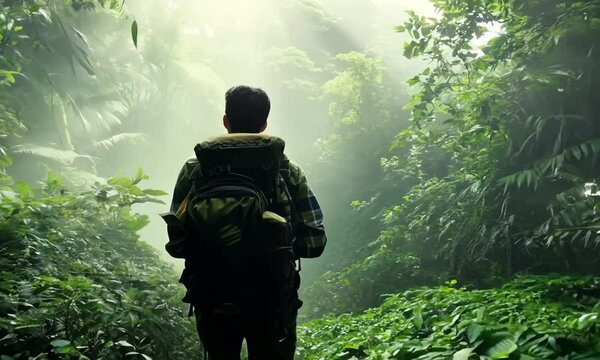 Adventurous backpacker hiking through a dense jungle with a machete, Video