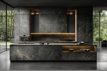Modern Kitchen with Black Marble Countertops and Open Shelving