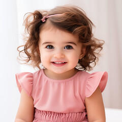 Half-body photo of a 1-year-old girl with curly hair, big eyes, cute and adorable, wearing a pink dress on white background.
