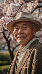 Elderly asian man with gray hair and mustache wearing hat, standing in front of blooming cherry blossom trees