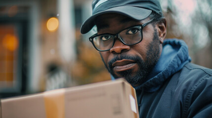 Medium close-up of a postal worker carefully delivering a package, with a determined look.