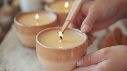 A person lighting a handmade candle in a serene workshop setting during daylight, surrounded by natural materials and warm ambiance