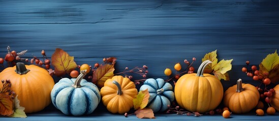 A vibrant blue wooden background with pumpkins and red berries creating an autumn-themed border