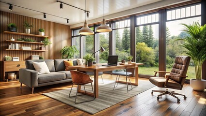 A sleek modern home boasts stylish furniture, open floor plan, and abundant natural light, anchored by a cozy