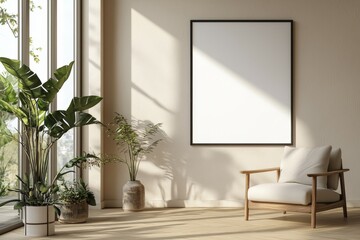 Poster Frame in Beige minimalist living room interior created with generative AI