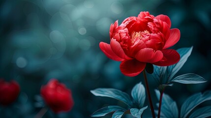 A Single Crimson Peony Blossom Against a Teal Background