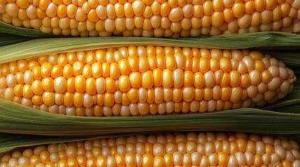 Fresh yellow corn on the cob with vibrant kernels and green husks, perfect for depicting summer harvest and healthy eating.