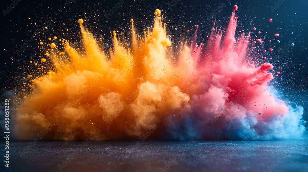 Poster vibrant explosions of colorful powder in pink, orange, and blue erupting against a dark background, 