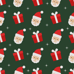 Santa Claus head and present seamless pattern on dark green background