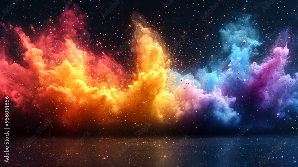 Aufkleber vibrant explosions of colorful powder in pink, orange, and blue erupting against a dark background, 