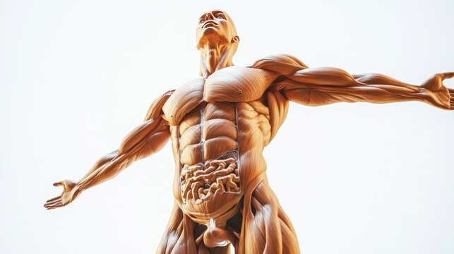 A detailed anatomical model of the human body, showcasing the muscular system and internal organs.