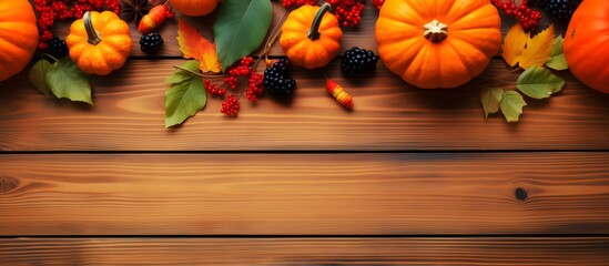 Pumpkins and berries with leaves on wooden