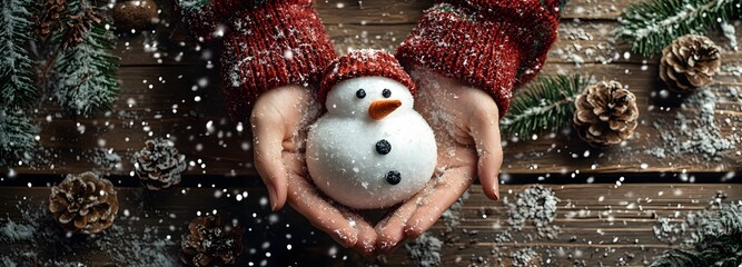 Fototapeta premium Female hands in a sweater holding a Christmas snowman on a wooden background with Christmas decorations viewed from above. Christmas and New Year concept.