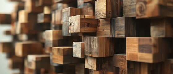 A close-up view of interlocking wooden blocks, showcasing texture and natural tones, ideal for design and architecture themes.