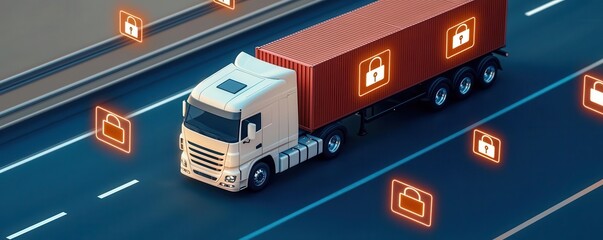 A cargo truck moving along a digital highway with glowing security icons, representing secure transport and data protection