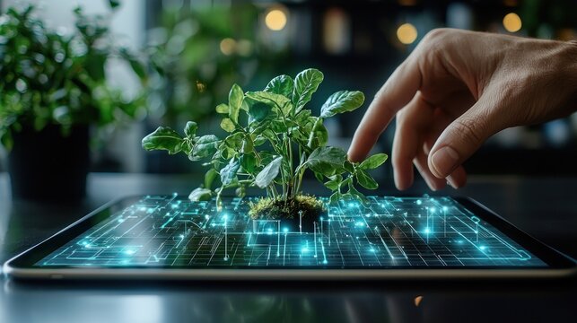 A hand is touching a plant on a tablet