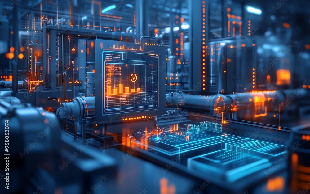 Poster Illustration of industrial automation, focusing on business process workflow optimization, with checkboxes and graphical elements representing efficiency