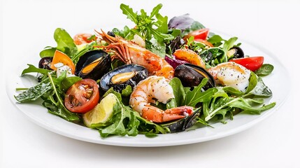 Plate of delicious vegetable salad with seafood on white background