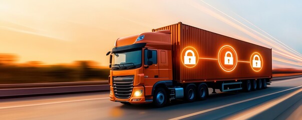 A cargo truck moving along a digital highway with glowing security icons, representing secure transport and data protection