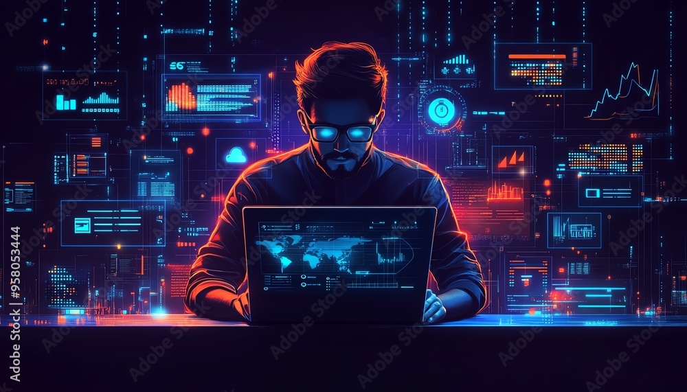 Aufkleber illustration of technical support customer service, featuring a software engineer with a laptop, glo