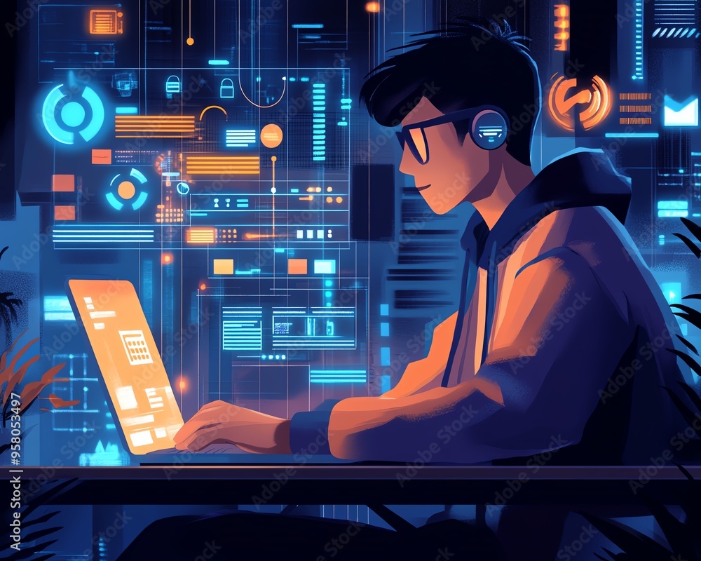 Leinwandbilder IT support and customer service scene, featuring a software engineer working on a laptop with visual elements of global network and internet technology