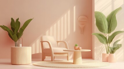 A serene modern interior featuring soft pastel colors, plants, and a cozy chair, perfect for relaxation and style.