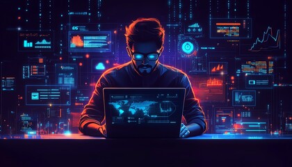 Obraz premium Illustration of technical support customer service, featuring a software engineer with a laptop, global network, and digital system service elements