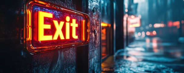 A bright neon "Exit" sign glows against a textured wall in a futuristic hallway with vivid purple and pink lighting.