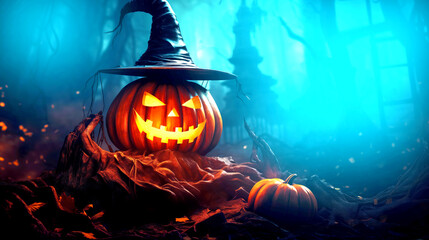 Naklejka premium Background for Halloween party, full moon in autumn forest,