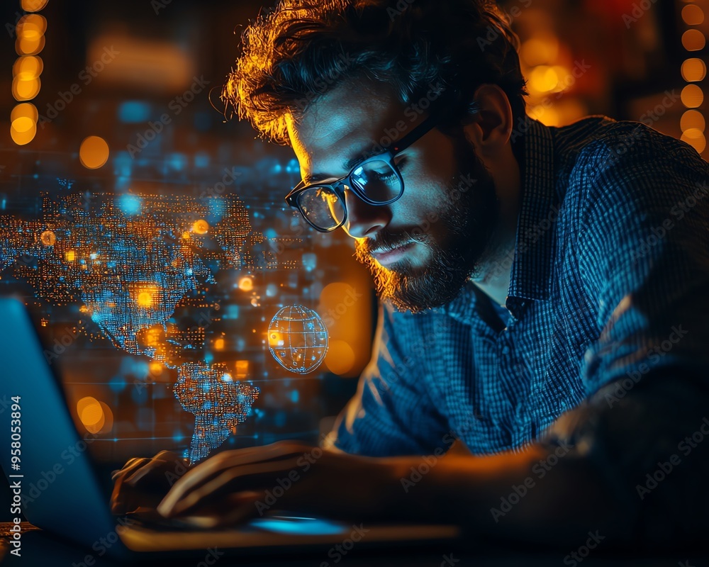 Leinwandbilder IT support and customer service scene, featuring a software engineer working on a laptop with visual elements of global network and internet technology