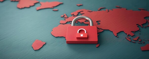 A digital map showing secure international shipping routes with padlock icons over major ports, symbolizing cybersecurity in global logistics