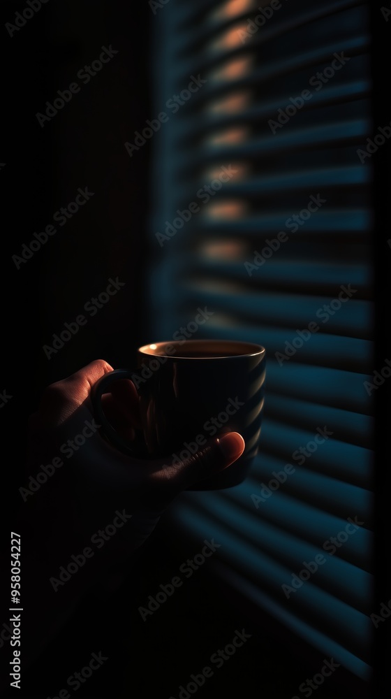 Poster A person holding a steaming cup of coffee in a dimly lit room with sunlight streaming through the window blinds at dusk