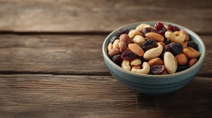 A bowl of mixed nuts and dried fruits, placed on a wooden table, ideal for illustrating healthy snacking habits. Plenty of space for copy or text.