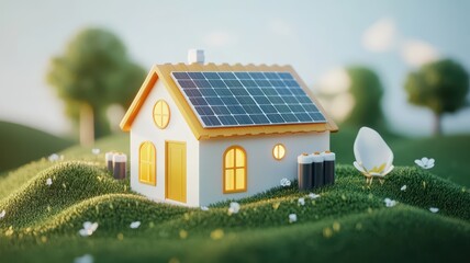 A vibrant model of a solar-powered house nestled in green hills, showcasing renewable energy and sustainable living.