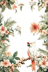 Beautiful Cockatoo Perched Among Tropical Flowers and Leaves in a Serene Nature Setting