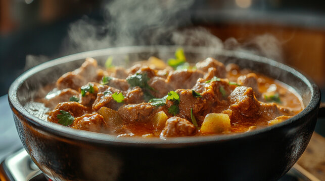 Beef curry in bowl with blur kitchen background. Food concept.